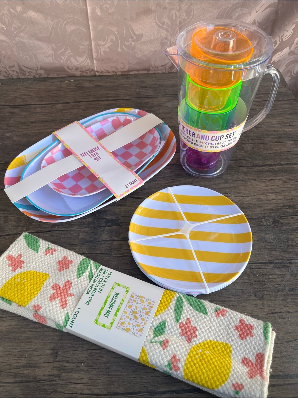 Melamine Party Platter Set, Pitcher Set - Yellow, Pink, Green, Orange, Plates